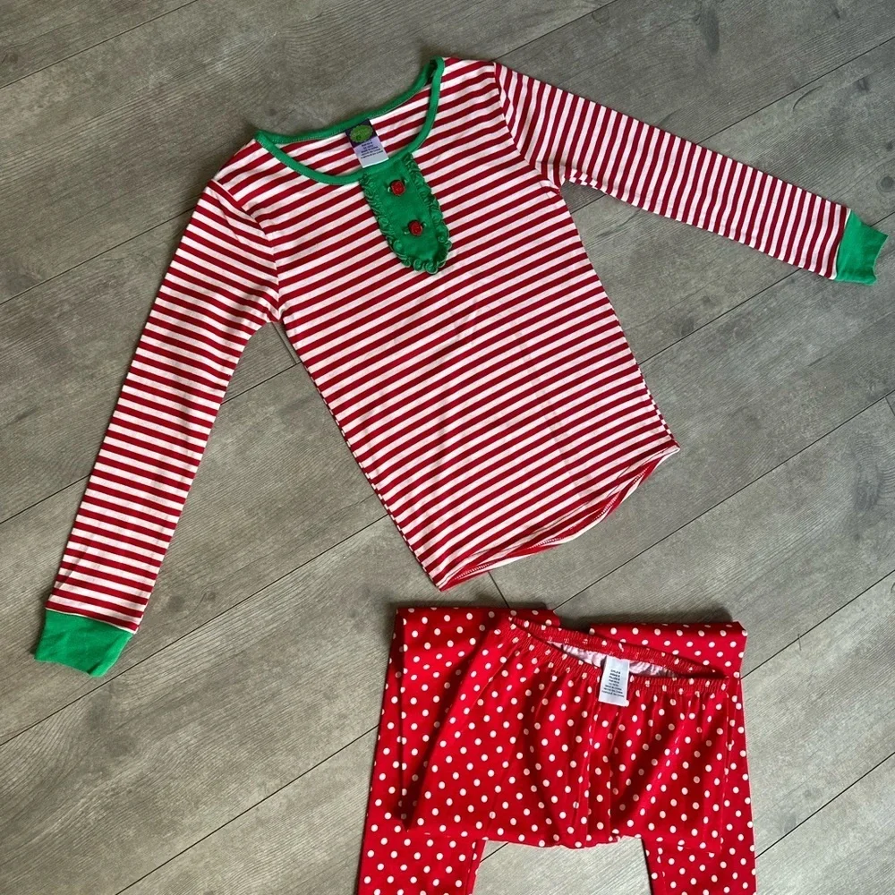 New Dollie & Me Girls Ultra Soft Polka Dot Stripes Red White Green Pajama Set